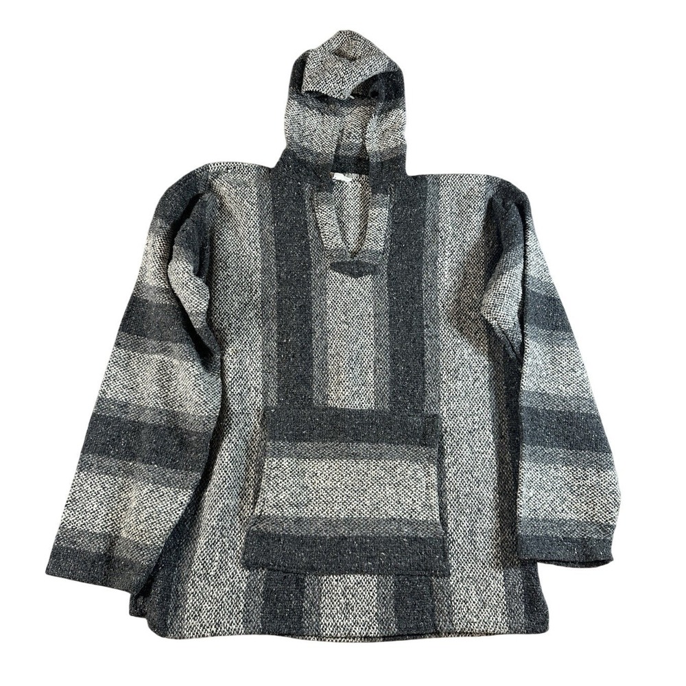 Vintage Focus Mexican Baja Hoodie Grey Striped Drug Rug‎ Pullover Large Mexico